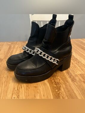 Adika Black Chunky Heeled Ankle Boots with Silver Chain